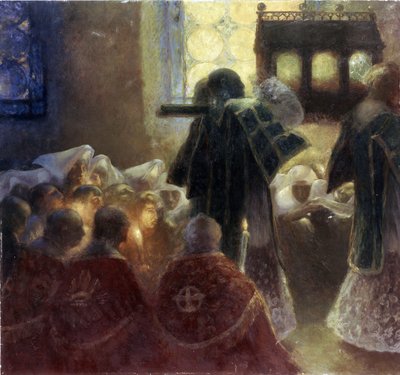 圣物的翻译。加斯东-德-拉图什（1854-1913 年）的绘画作品。19 世纪法国艺术。布面油画。圣彼得堡冬宫博物馆。 作者 加斯顿·德·拉图什