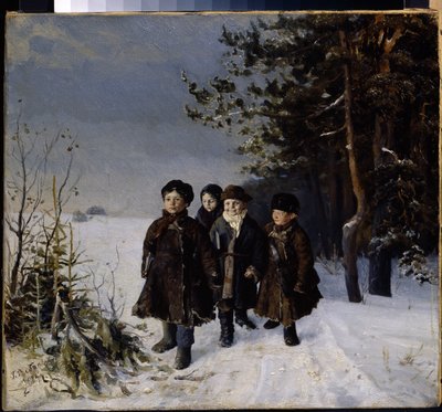 从学校回来 - Gavriil Fyodorovich Rybakov（1859-？）的绘画，布面油画 作者 加夫里尔·费奥多罗维奇·雷巴科夫