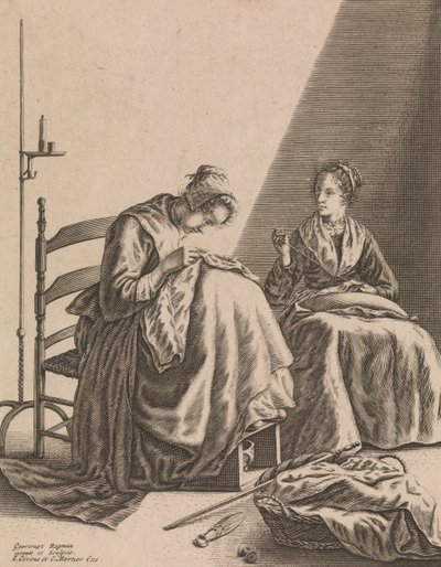两个女人在缝纫，图版1来自《五种女性职业》，约1640-57。 作者 格特鲁伊特·罗格曼
