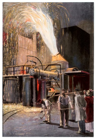 贝塞麦转炉中生铁的脱碳过程，1900年。 作者 格尔克