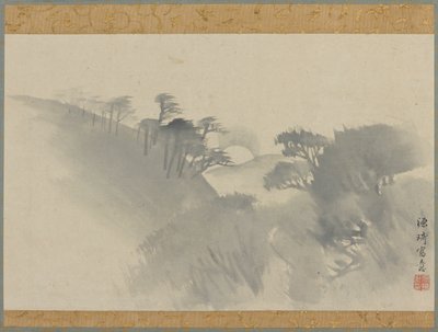 有山丘、树木和月出的风景，江户时期，1747-1868。 作者 元气