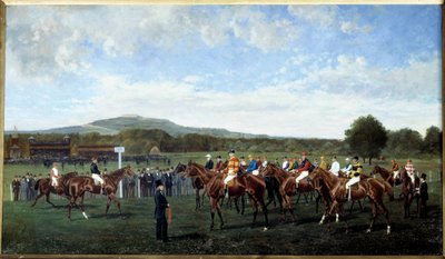 出发于 1877 年由福伊男爵 (Baron Foy) 主持的隆尚 (Longchamp) 在赛马场的比赛开始时设置马匹。 Geo Arnull 的绘画（19 世纪）1877 年。巴黎，Societe 鼓励 作者 地理阿空