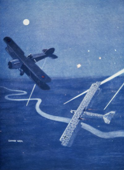 布里斯托尔战斗机夜间在伦敦上空袭击德国哥达轰炸机（彩色平版印刷） 作者 杰弗里·沃森