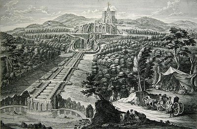 八角楼和瀑布的景色，由W.C. Mayr刻制（铜版画和蚀刻）。 作者 Georg (after) Finck 或 Fuenck