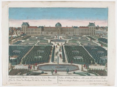 从杜伊勒里花园看到的巴黎杜伊勒里宫景观
Gesicht des Pallasts Thuilleries genannt, von seiten des Gartens zu Paris（物上标题）
巴黎（系列名称） 作者 乔治·巴尔塔萨·普罗布斯特（Georg Balthasar Probst）