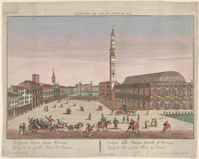 维琴察西格诺里广场的视图与马拉的马车和人物...，ca。 1750至1801年。 作者 乔治·巴尔塔萨·普罗布斯特（Georg Balthasar Probst）