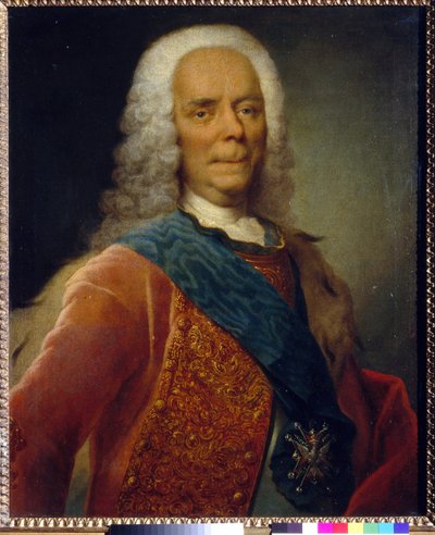 瓦西里-弗拉基米罗维奇-多尔戈鲁科夫王子（1667-1746）的肖像--乔治-克里斯托夫-格罗斯（1716-1749）的画作，1746年前的布面油画--莫斯科国立特列季亚科夫美术馆，76x62.5 -。 作者 Georg Christoph Grooth