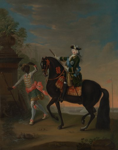 1709-1762年俄罗斯的伊丽莎白皇后在马背上，由一名侍从陪同，1743-49年之后。 作者 乔治·克里斯托夫·格罗斯