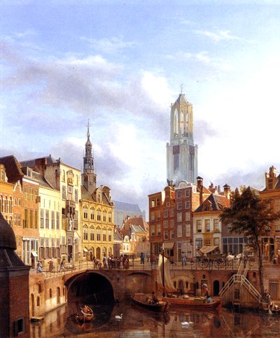 乌得勒支与Oudegracht，1827年布面油画 作者 乔治·吉利斯·范·哈嫩（Georg Gillis van Haanen）