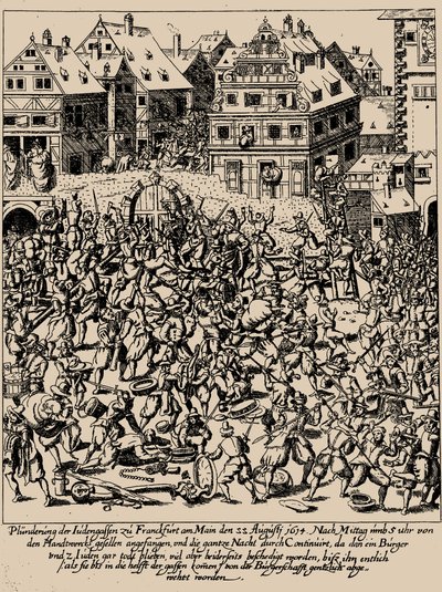 费特米尔奇起义。1614年8月22日对法兰克福犹太街的掠夺，约1616-1617年 作者 乔治·凯勒