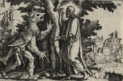 基督受到沙漠中魔鬼的诱惑（在纸上雕刻） 作者 乔治·彭茨