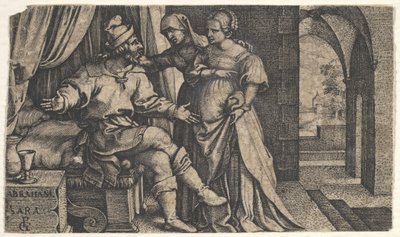 莎拉（Sarah）将夏加（Hagar）展示给坐在床脚下的亚伯拉罕（The A ... 1543。 作者 乔治·彭茨