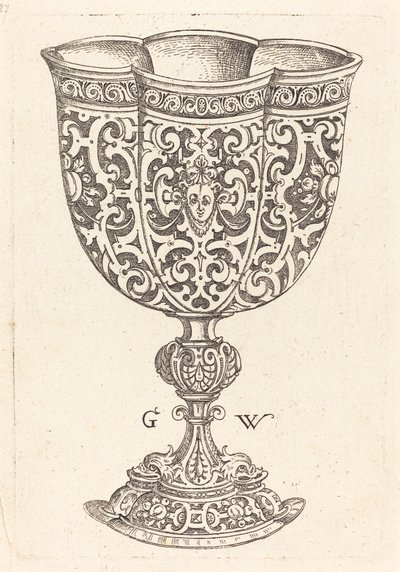 有六个浮雕的圣杯，底座装饰有两只海豚 作者 Georg Wechter I