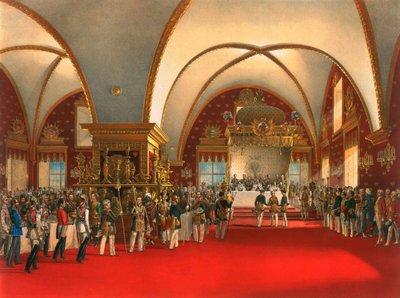 1856年在莫斯科克里姆林宫的刻面宫殿大厅举行加冕宴会。 作者 乔治·威廉·蒂姆