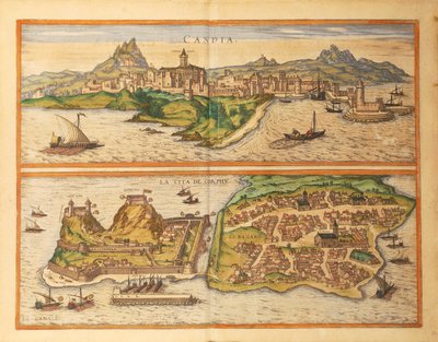 Georg Braun的《Civitates Orbis Terrarum》中的伊拉克利翁、坎迪亚和科孚。 作者 弗兰斯
