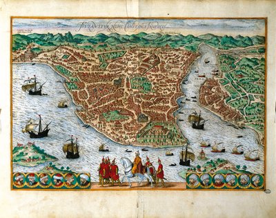 意大利，米兰，乔治-布劳恩（1541-1622）和弗朗茨-霍根伯格（1535-1590）的君士坦丁堡市透视图，彩色雕版画 作者 弗兰斯