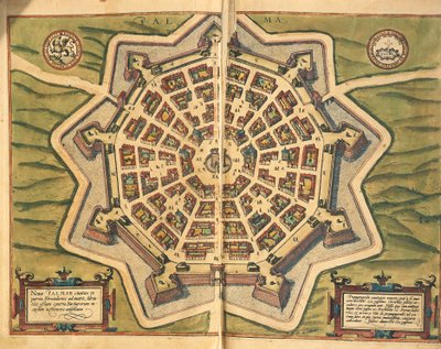 意大利，帕尔马诺瓦，地图，由活跃在科隆的Georg Braun和Franz Hogenberg雕刻自Civitates Orbis Terrarum。 作者 弗兰斯