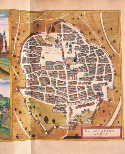 意大利，苏尔莫纳，苏尔莫纳市来自Georg Braun和Franz Hogenberg的Civitates Orbis Terrarum，雕刻版。 作者 弗兰斯