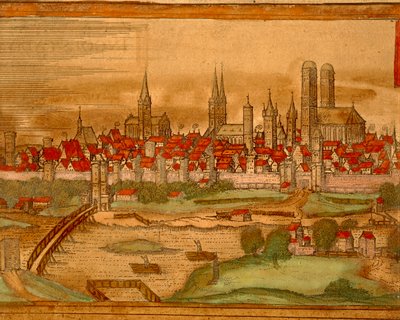 慕尼黑市地图来自Georg Braun的Civitates Orbis Terrarum。 作者 弗兰斯