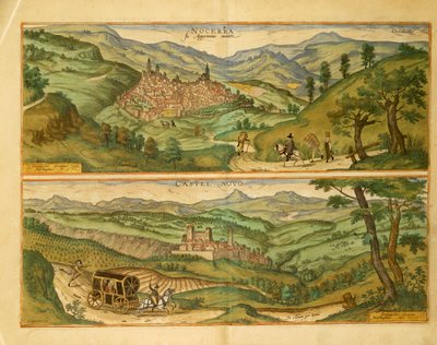 诺切拉和卡斯特尔诺沃的地图，来自乔治-布劳恩的Civitates Orbis Terrarum。 作者 弗兰斯
