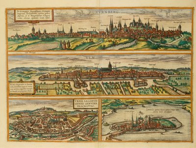 纽伦堡、乌尔姆、萨尔茨堡和林道的地图，来自乔治-布劳恩的Civitates Orbis Terrarum。 作者 弗兰斯