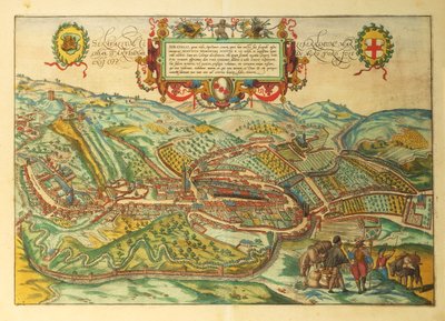 Serravalle Scrivia的地图，皮埃蒙特地区，来自Georg Braun的Civitates Orbis Terrarum。 作者 弗兰斯