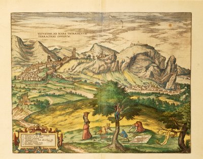 拉齐奥地区Terracina的地图，来自Georg Braun的Civitates Orbis Terrarum。 作者 Georg Braun and Hogenberg Franz
