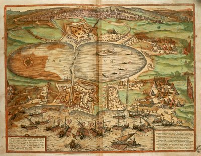 突尼斯的地图，来自Georg Braun和Franz Hogenberg的Civitates Orbis Terrarum，雕刻。 作者 弗兰斯