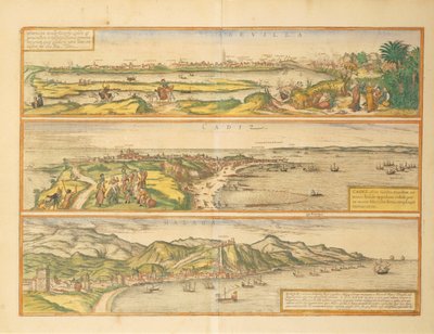 西班牙塞维利亚、加的斯和马拉加的地图，来自Georg Braun的Civitates Orbis Terrarum。 作者 弗兰斯