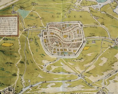 荷兰，莱顿市和地区地图，出自乔治-布劳恩（1541-1622）和弗朗茨-霍根伯格（1540-1590）的《Civitates Orbis Terrarum》，科隆，雕版画 作者 弗兰斯