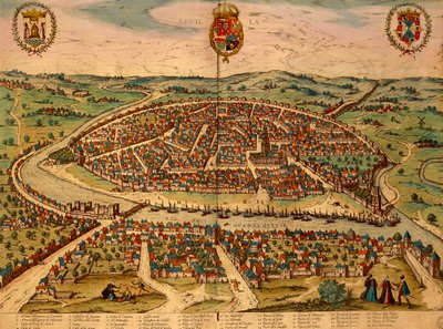 西班牙，塞维利亚，城市景观，来自乔治-布劳恩（1541-1622）和弗朗茨-霍根伯格（1535-1590）的Civitates Orbis Terrarum的彩色雕刻。 作者 弗兰斯
