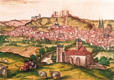 西班牙布尔戈斯市，前景是牧羊人和羊群（1576 年）。 在 Civitatis Orbis Terrarum 中雕刻， 作者 弗兰斯