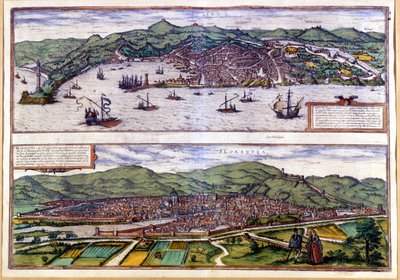 基因（上）和佛罗伦萨（下） 布劳恩和霍根伯格的地图集的鸟瞰图。1550. 作者 弗兰斯