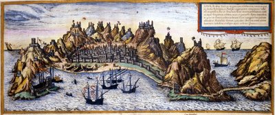 也门亚丁市的景色，来自布劳恩和霍根伯格的 "Civitates Orbis Terrarum "地图集。 作者 弗兰斯