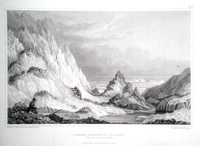 冰山附着在冰冷的礁石上，向海看去，出自约翰-富兰克林爵士（1786-1847）的《1819-22年极地海岸之旅记》，由爱德华-芬登（1791-1857）雕刻，1823-28年出版（雕刻版）。 作者 乔治（之后）返回