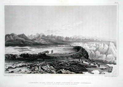 在Conybeare山对面的礁石上放船，出自约翰-富兰克林爵士（1786-1847）的《1819-22年极地海岸之旅记》，由爱德华-芬登（1791-1857）刻制，1823-28年出版（彩色雕刻）。 作者 乔治（之后）返回