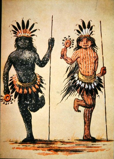 代表 "白天 "和 "黑夜 "的曼丹部落舞蹈，来自约1835年的一幅画（彩色平印）。 作者 乔治（后）卡特林