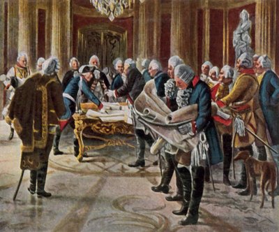 1756 年 8 月，腓特烈大帝与他的将军们举行战争会议（增强型彩色石版画） 作者 