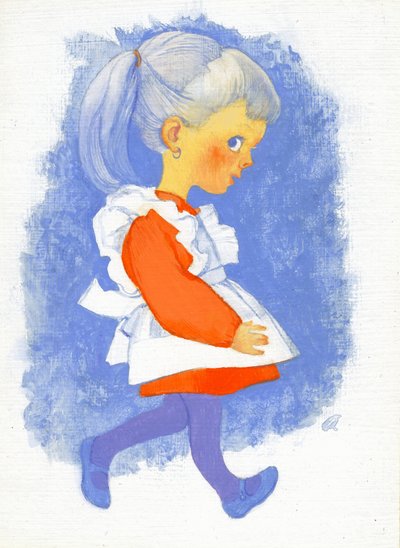 20世纪70年代围裙的小女孩（gessoed硬质纤维板上的水粉） 作者 乔治·亚当森