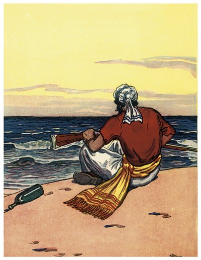 一个海盗弃在荒岛上看着地平线乔治·阿尔伯特·威廉姆斯 (1875-1932) 1914 年创作的《海盗男孩书》中的插图 作者 乔治·阿尔弗雷德·威廉姆斯