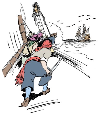 一艘海盗船追逐一艘船 乔治·阿尔伯特·威廉姆斯 (1875-1932) 1900 年创作的“男孩的海盗和伟大的海上漫游者书”中的插图 作者 乔治·阿尔弗雷德·威廉姆斯