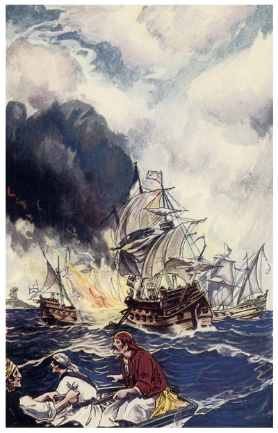 Brulot charge of explosives throws at a ship Illustration from “” Pirates of Panama or The Buccaneers of America”” by George Albert Williams (1875-1932) 1914 作者 乔治·阿尔弗雷德·威廉姆斯