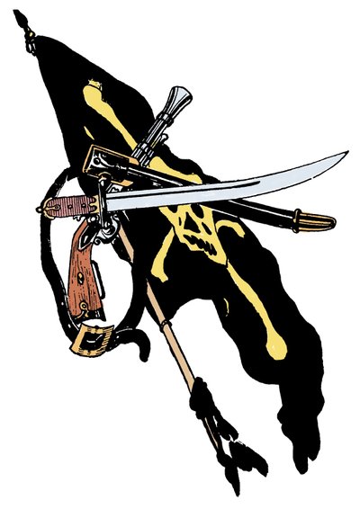 海盗馆装饰骷髅，来自乔治·阿尔伯特·威廉姆斯 (1875-1932) 1913 年创作的“海盗男孩书”中的军刀插图 作者 乔治·阿尔弗雷德·威廉姆斯