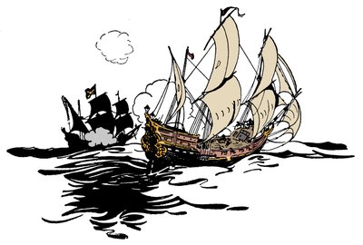 海盗接近一艘船 乔治·阿尔伯特·威廉姆斯 (1875-1932) 1900 年“海盗和伟大的海上漫游者的男孩书”中的插图 作者 乔治·阿尔弗雷德·威廉姆斯