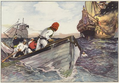 划船到一个安全的距离，海盗躺在那里，带着恶魔般的喜悦看着火焰飞跃？ 作者 乔治·阿尔弗雷德·威廉姆斯