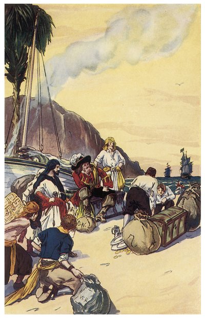 海盗亨利·摩根分享了乔治·阿尔伯特·威廉姆斯 (1875-1932) 1914 年创作的《巴拿马海盗或美国海盗》中马拉开波插图中的宝藏 作者 乔治·阿尔弗雷德·威廉姆斯