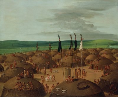 曼丹村的鸟瞰图，在圣路易斯上空1800英里处，1837-1839。 作者 乔治·卡特琳