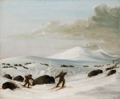 在雪地上追赶水牛，印第安人踩着雪鞋追赶，1832-1833。 作者 乔治·卡特琳