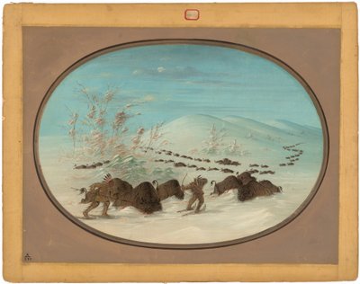 水牛在雪地里追逐 - 奥吉布韦 作者 乔治·卡特琳