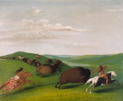 带着弓箭和长枪的水牛追逐战，1832-1833年。 作者 乔治·卡特琳